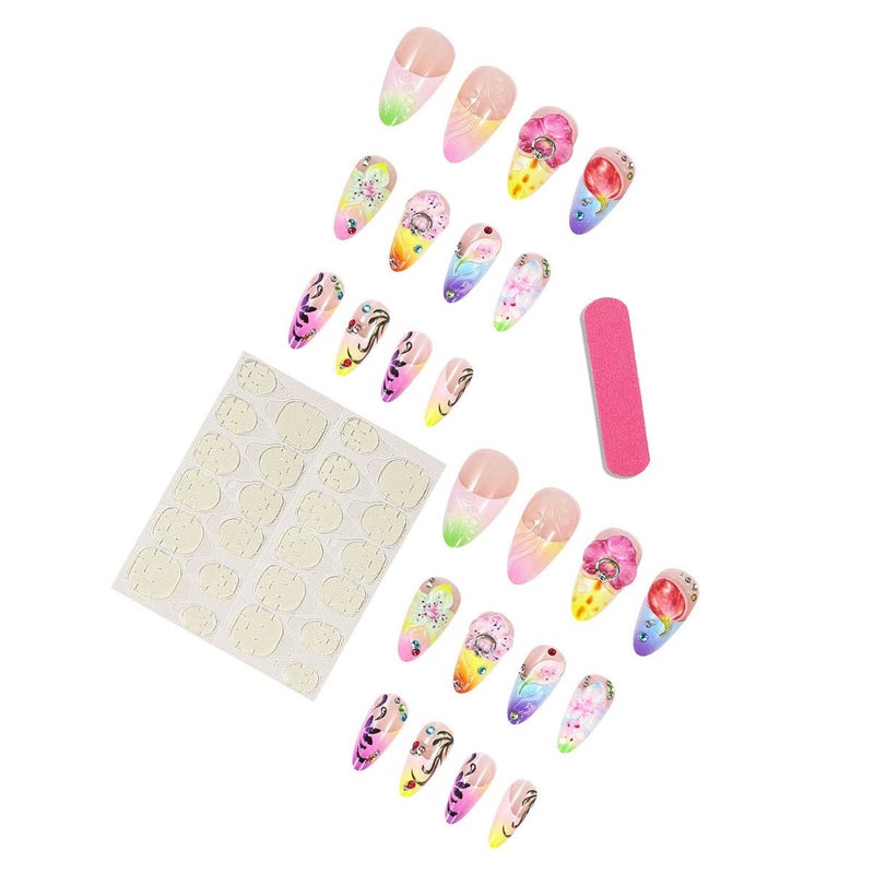 SEENEEY Long Press on Nails Almond Fake Nails Flowers Colorful Artificial Nail with Rhinestone Designs Stick on Nail for Women 24pcs - Image 4